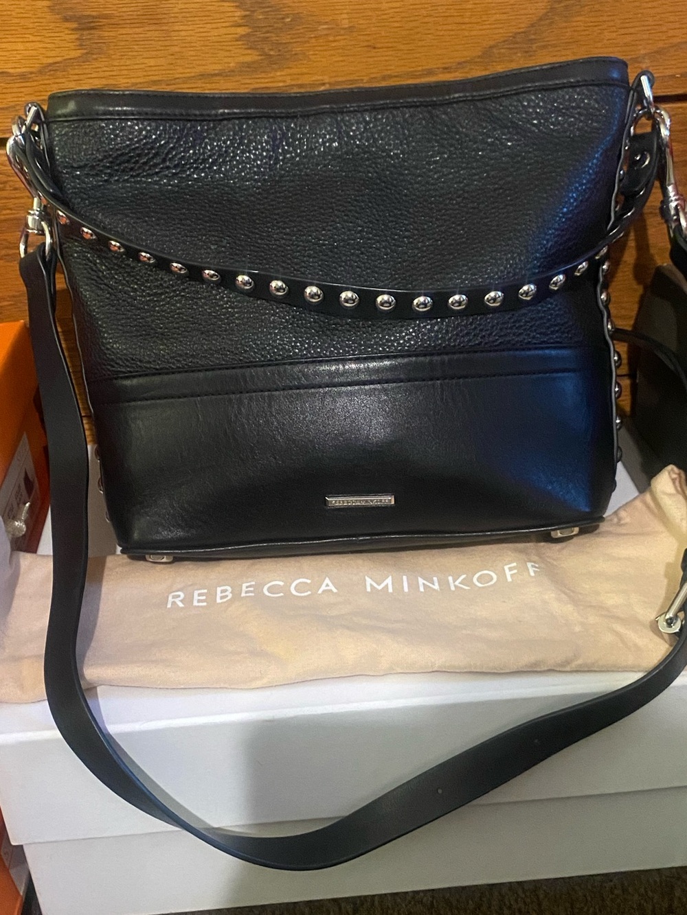 Rebecca Minkoff Blythe studded zipper bucket hobo crossbody bag